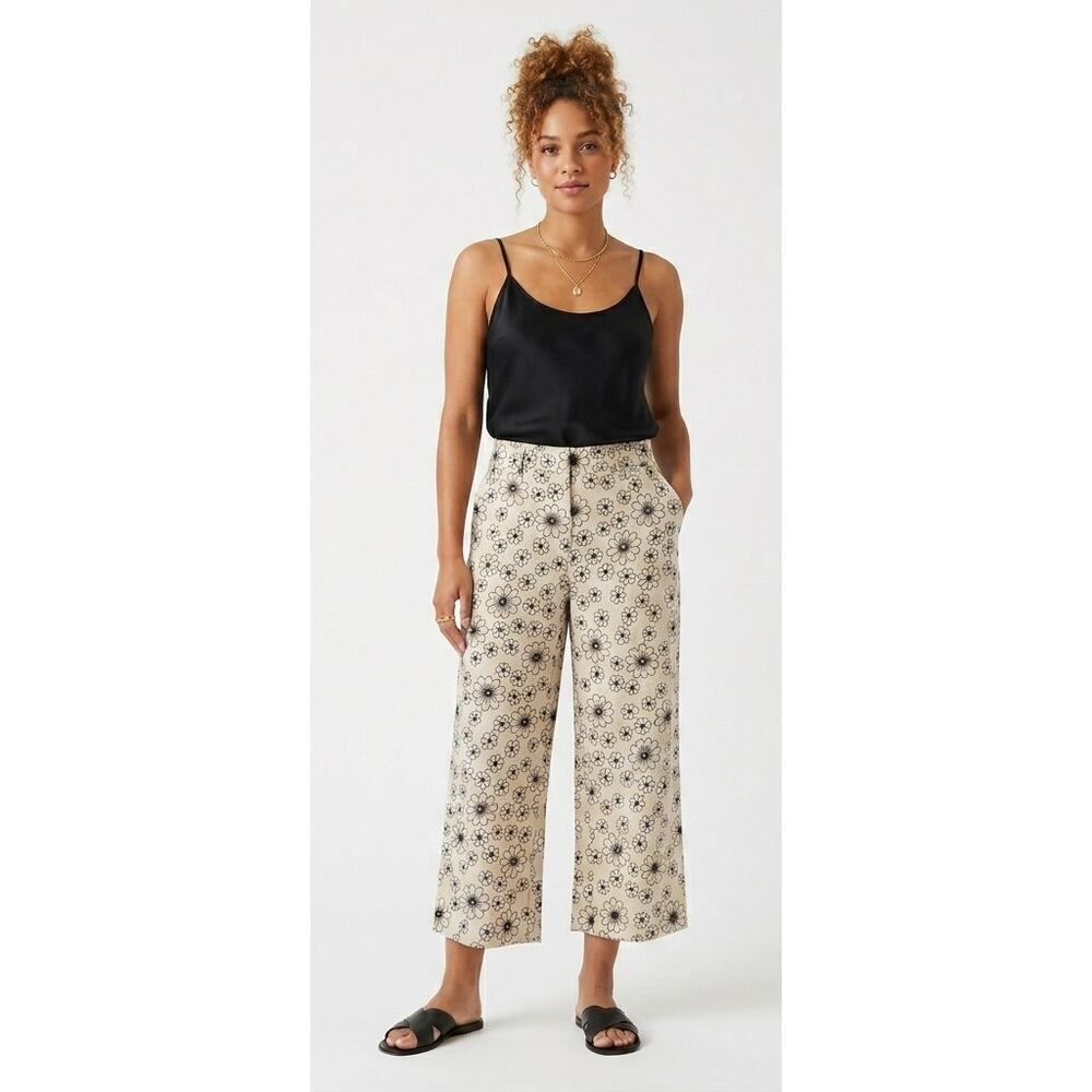 Grace Elements 100% Linen Floral Embroidered Cropped Trousers Size 6 Artsy Euro